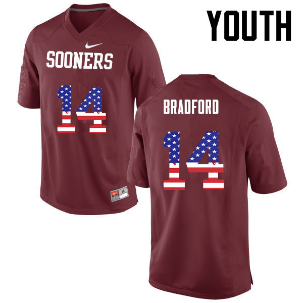 Youth Oklahoma Sooners #14 Sam Bradford College Football USA Flag Fashion Jerseys-Crimson - Click Image to Close